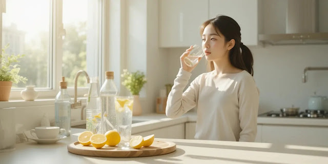 햇빛 드는 부엌에서 수분 섭취하는 모습