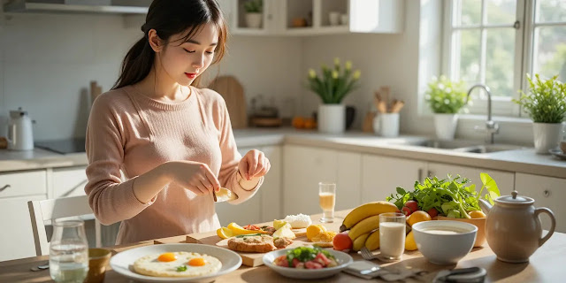 아침 햇살 속 건강한 식단을 준비하는 모습