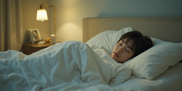 숙면 중인 사람의 조용한 침실 풍경 밤에 편안하게 숙면을 취하고 있는 여성의 모습