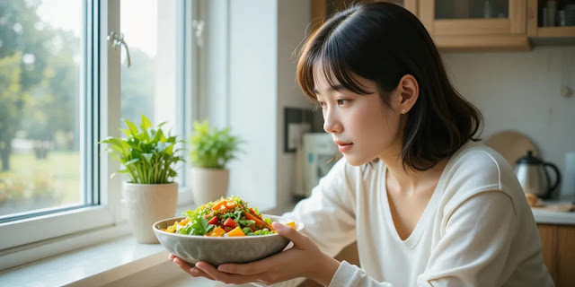 식사 시간에 맞춰 건강한 샐러드를 섭취하는 모습