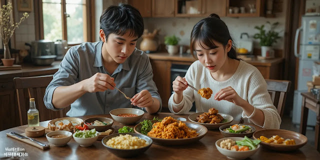 단백질 식단을 즐기는 일상의 식사 장면 단백질 식사를 나누는 두 사람의 모습
