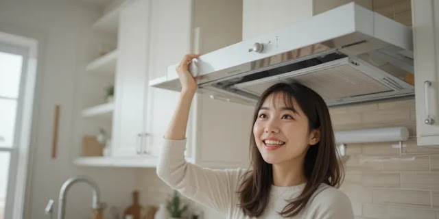 깨끗해진 가스렌지 후드 필터 재장착하는 여성