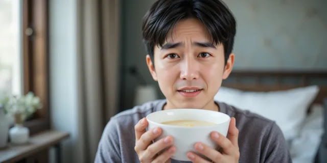 죽을 들고 앉아 대장내시경을 앞두고 있는 성인 남성 대장내시경 전날 죽을 들고 고민하는 person