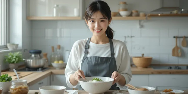 흰죽과 맑은 국으로 식사를 준비 중인 여성의 부엌 장면 대장내시경 전날 식사 준비하는 여성