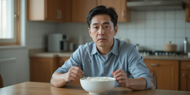 대장내시경을 앞두고 흰죽을 먹는 남성이 식탁에 앉아 있는 모습 대장내시경 전날 죽 먹는 남성