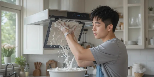 베이킹소다로 후드 필터 문지르는 모습