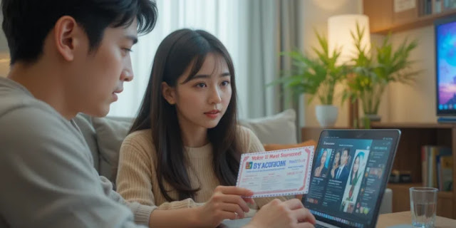 노트북으로 영화 할인쿠폰 정보를 확인 중인 커플