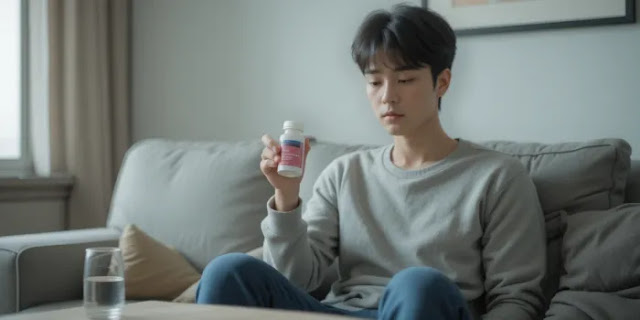 헥사메딘 일상 사용 준비 장면 거실에서 헥사메딘과 컵을 들고 가글 준비 중인 성인의 모습
