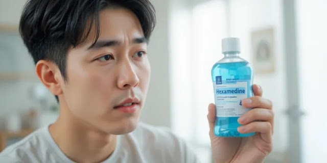 헥사메딘 라벨 확인하는 남성 헥사메딘 가글 병의 설명서를 자세히 읽는 모습