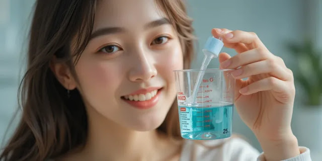 헥사메딘을 컵에 따르는 여성 부드럽게 웃으며 헥사메딘 가글액을 계량컵에 따르는 장면