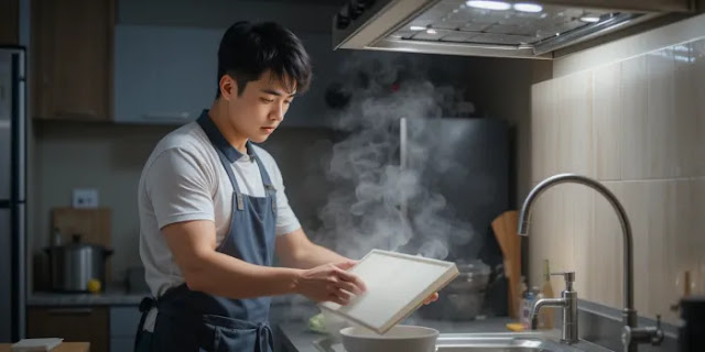 뜨거운 물에 가스렌지 후드 필터 불리는 중