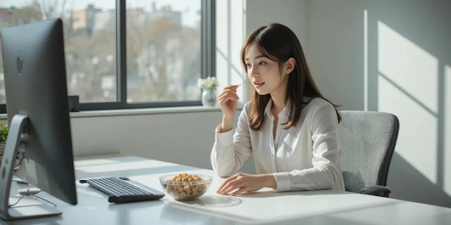 사무실 책상에서 견과류를 챙겨 먹는 모습