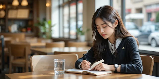 수첩에 하루 동안 먹은 음식을 기록하는 모습