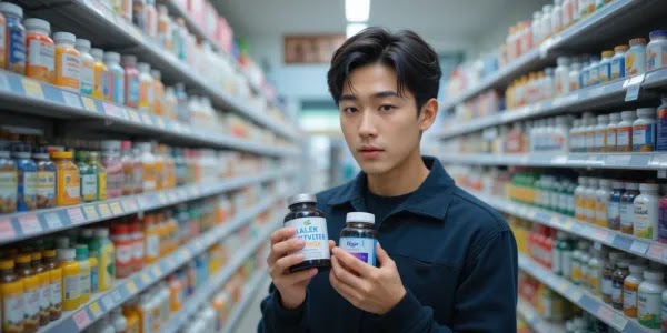 면역력 높이는 영양제 비교 중인 남성