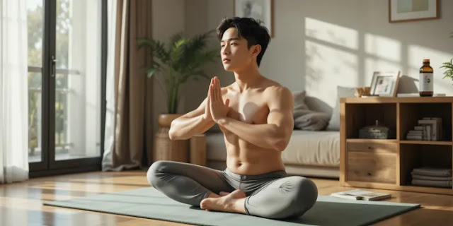 스페르미딘과 함께 요가하는 건강 관리 중인 남성 모