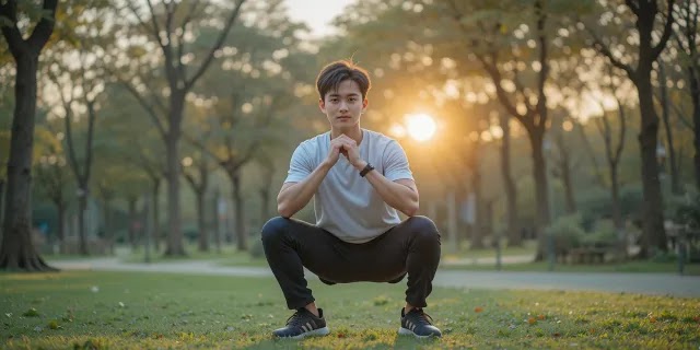 스쿼트 자세를 취하며 야외 운동을 하는 모