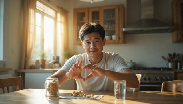 아침에 알부민 보충제를 챙기는 중년 남성