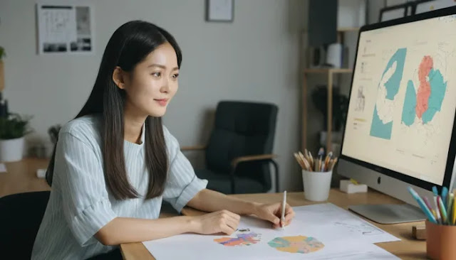 썸네일 디자인을 캔바에서 완료하고 검토 중인 여성의 만족스러운 표정 캔바에서 만든 디자인을 검토 중인 여성 디자이너