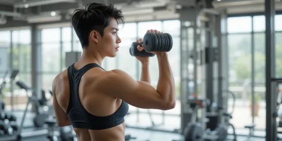 후면 어깨 운동을 고중량으로 하고 있는 남자