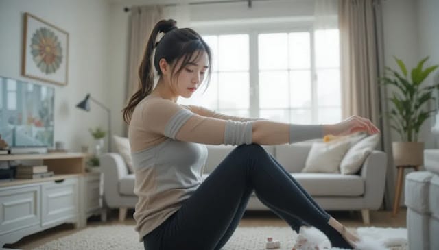 편안한 옷차림의 여성이 거실에서 테니스 엘보 재활 스트레칭을 하는 모습 집에서 테니스 엘보 재활 운동 중인 여성