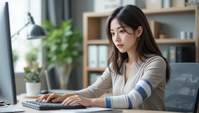 업무 중 팔꿈치를 짚고 고통스러운 표정을 짓는 여성 테니스 엘보로 인해 사무실에서 팔 통증을 호소하는 여성