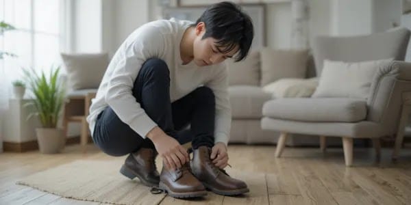 신발 확인하며 자세를 고민하는 사람 신발 밑창을 점검하며 고관절 통증 원인을 생각하는 장면