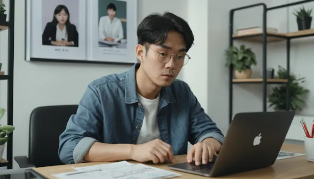 유튜브 영상을 위해 캔바에서 썸네일 만들기에 집중하는 남성의 모습 캔바에서 유튜브 썸네일 만들기에 집중하는 남성