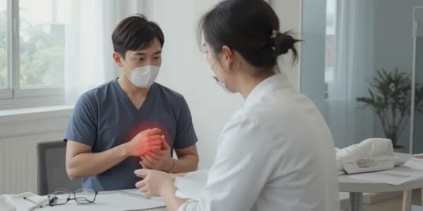 물리치료 상담 중인 사람 고관절 통증 원인에 대해 전문가와 상담하는 장면