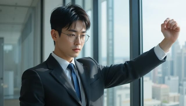 창가에서 팔을 스트레칭하며 팔꿈치 통증을 느끼는 직장인의 모습 테니스 엘보 증상으로 스트레칭을 하는 직장인