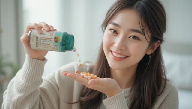 손에 알부민 캡슐을 들고 미소 짓는 여성
