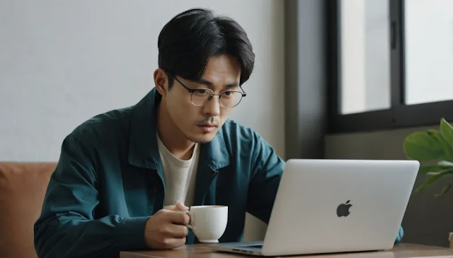 알파리포산 효능 생각하며 노트북 작업하는 남성 모습