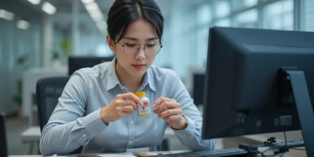 스페르미딘 보충제를 확인하는 직장인 일상 모