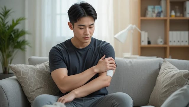 소파에 앉아 팔꿈치에 아이스팩을 대고 있는 남성의 모습 테니스 엘보 증상 완화를 위해 냉찜질 중인 남성