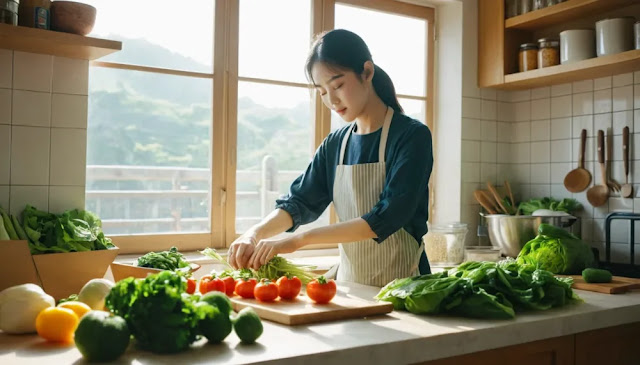 알파리포산 효능 기대하며 채소 요리하는 여성 모습