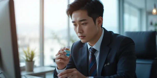 출근 준비 중 테스토스테론 보충제를 챙기는 직장인의 모습 테스토스테론 보충제 직장인 복용