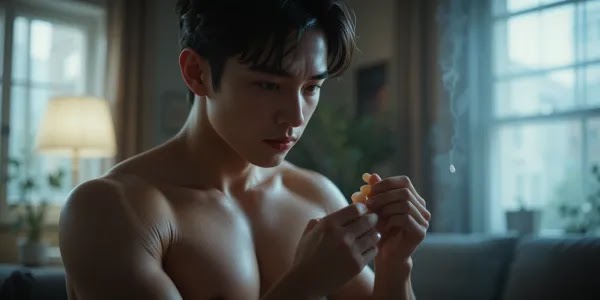 집에서 테스토스테론 보충제 성분을 살펴보는 장면 테스토스테론 보충제 확인하는 장면