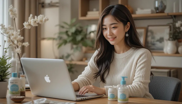 책상 위 노트북으로 프로바이오틱스 제품을 비교 리뷰하는 블로거의 장면 프로바이오틱스 고르는 법에 대 블로그 리뷰를 하고 있는 여성 모습
