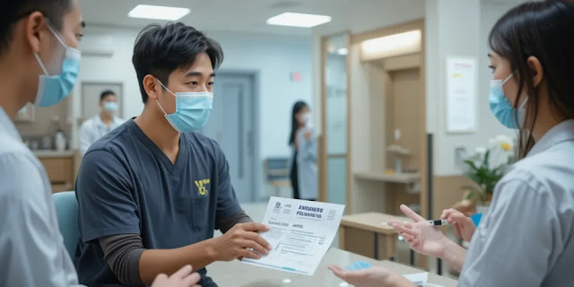 대상포진 예방접종 후 안내문을 받는 모습