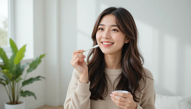 밝고 깔끔한 방에서 스틱형 프로바이오틱스를 즐겁게 섭취하는 여성의 모습 프로바이오틱스를 섭취하고 있는 여성