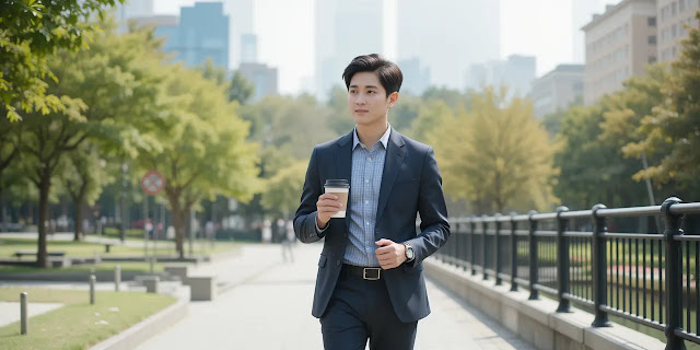 점심시간에 공원을 산책하며 커피를 들고 여유를 즐기는 직장인의 장면 직장인 스트레스 해소 방법 점심 산책