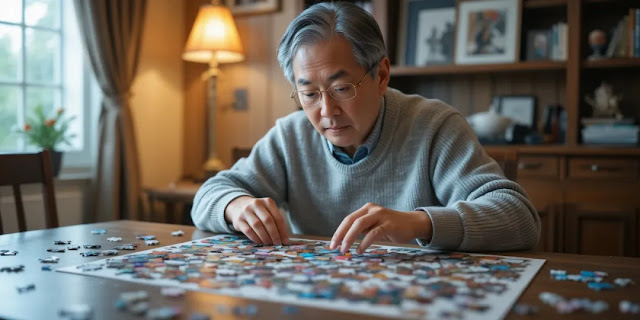 퍼즐 놀이로 두뇌 자극하는 치매 예방 활동을 하는 모습 치매 예방 방법으로 퍼즐 맞추기 두뇌 훈련 모