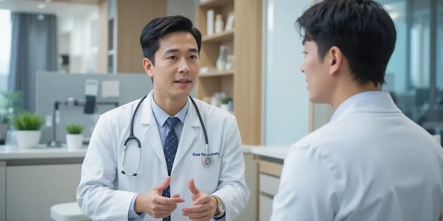 의사와 상담하며 수술후 회복에 좋은 음식을 확인하는 모
