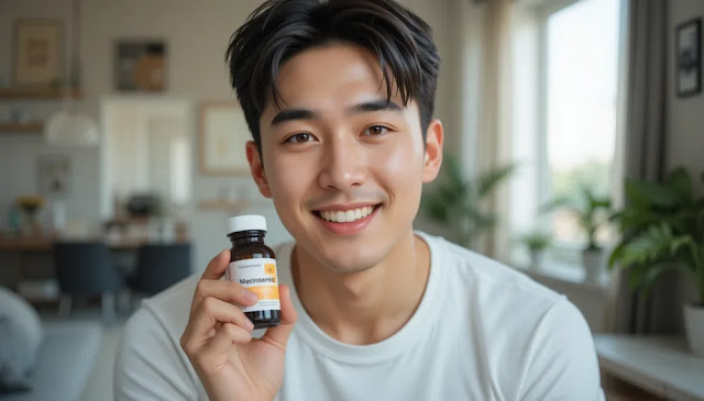 나이아신 아마이드 성분이 담긴 제품을 소개하는 남성