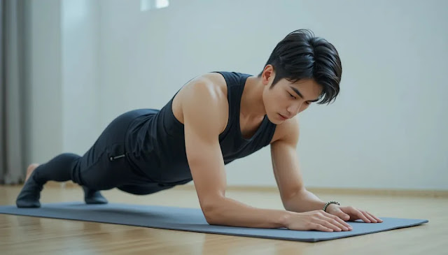 요가 매트에서 플랭크 운동을 하는 모습 플랭크 운동으로 허리 근육을 강화하는 모습