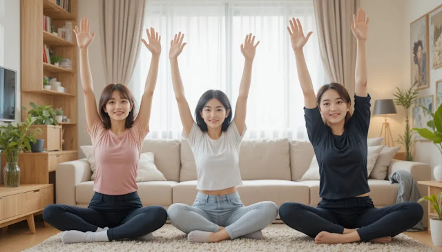 가족과 함께 허리 운동을 하는 모습 가족과 함께 허리통증 완화운동을 실천하는 모습