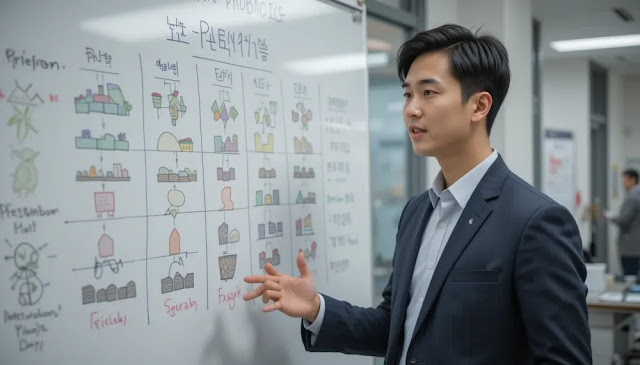 사무실 화이트보드 앞에서 프로바이오틱스 관련 그래프를 설명하는 전문가의 모습 프로바이오틱스 고르는 법을 설명하고 있는 남자 모