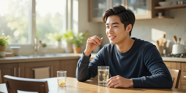탈모 영양제를 꾸준히 복용하는 과정 탈모 치료 영양제를 복용하는 장면