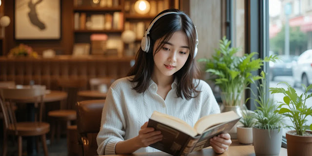 카페에서 헤드폰을 쓰고 책을 읽으며 여유로운 주말을 보내는 직장인의 모습 직장인 스트레스 해소 방법 독서