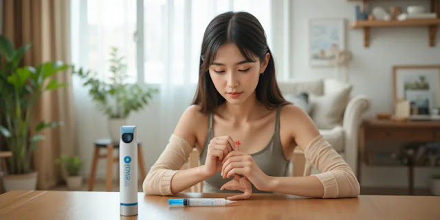 운동과 체중 감량 주사 병행 모습 운동 매트 위에서 체중 감량 주사를 병행하며 건강을 관리하는 모습