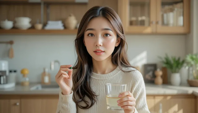 식탁에서 눈에 좋은 영양제를 먹으며 웃는 모습 아침에 일어나 영양제를 먹는 여성 모습